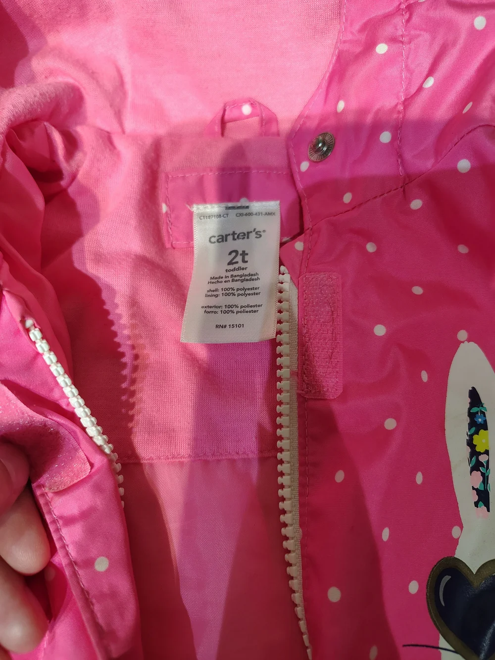 Carter's Toddler Girl Pink Bunny Rabbit Size 2T Raincoat Jacket Waterproof